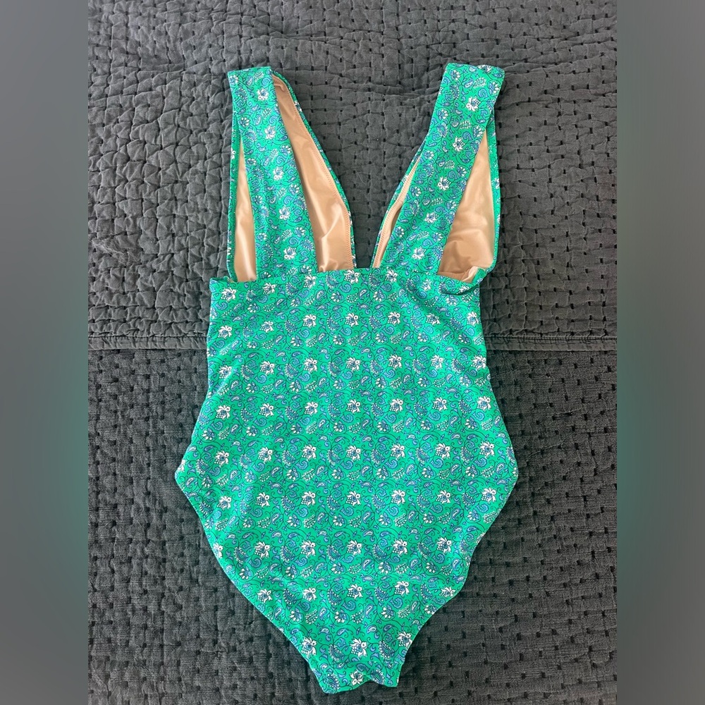 J. Crew Factory Green Floral V-Neck One-Piece Swimsuit - Picture 4 of 4